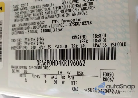 2019 Ford Fusion Se из США, поврежденный, VIN 3FA6P0HD4KR196062